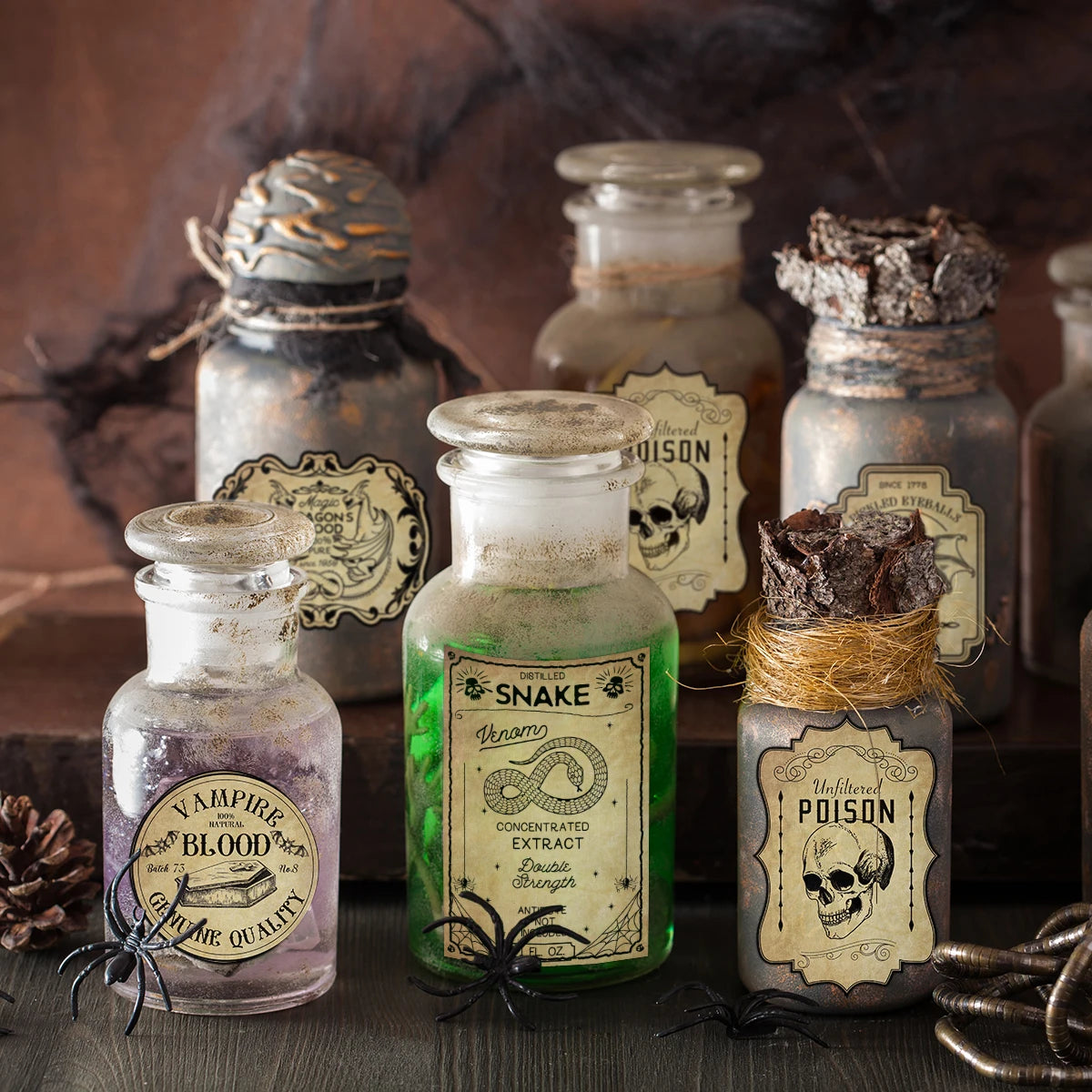 12/24pcs Halloween Retro Horror Gothic Wine Bottle Labels Sticker Vintage Witch Graffiti Potion Decals for Halloween party decor