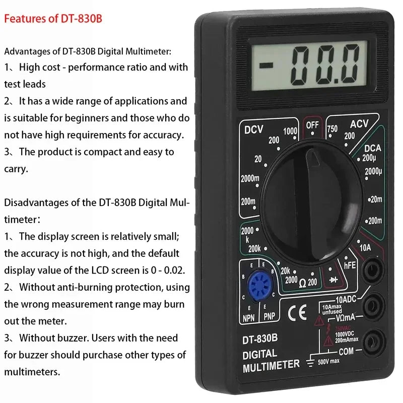 DT830B Mini Handheld Digital Multimeter, Voltmeter Ammeter Tester for Automotive & Electrical Circuit Repair