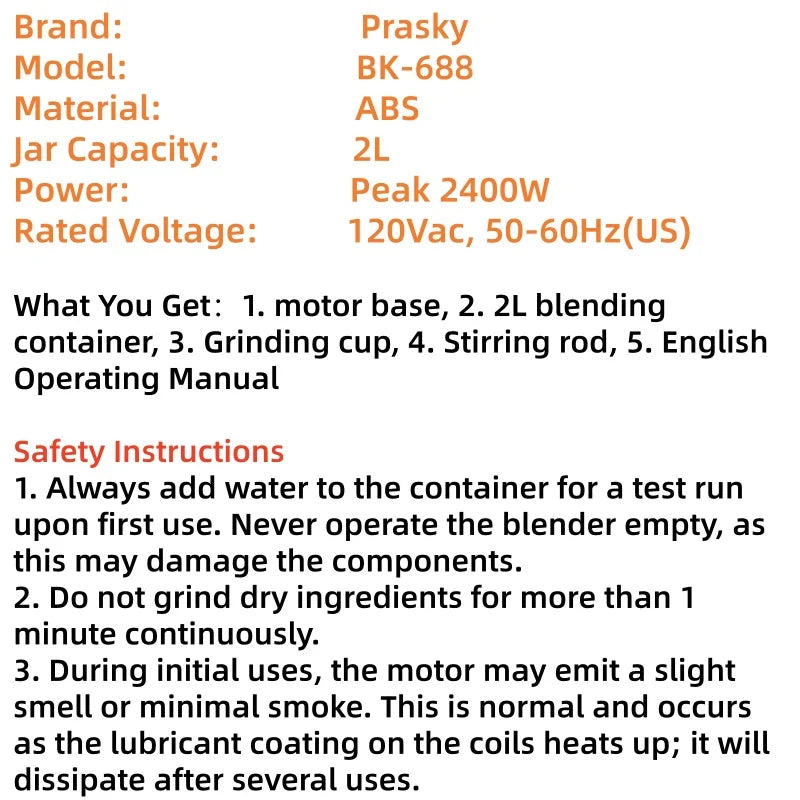 PRASKY 2400W Blender and Grinder Combo 25000RPM Powerful Kitchen 68oz BPA Free 2 Containers Professional Blenders Ice Crushing