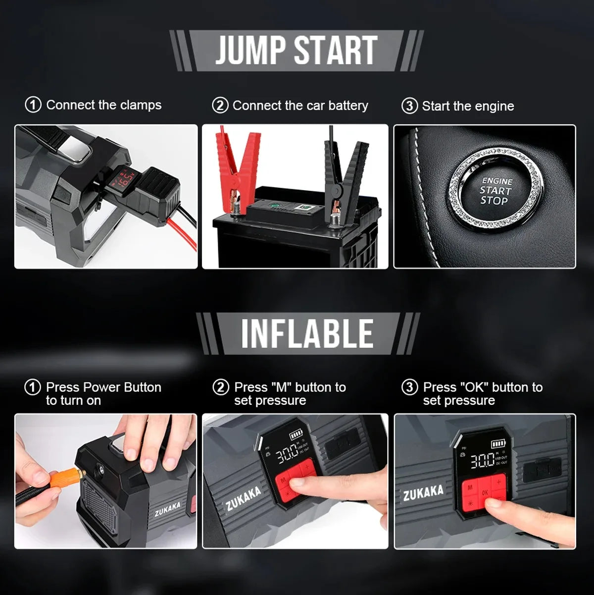 26800mAh Jump Starter with Air Compressor 1000A/1500A PEAK Booster Tyre Inflator Portable Car Battery Power Bank Charger Air Pump,with LCD Display, Jump Starter Power Bank (All Gas/ 8.0L Diesel), LED Light, Design for Cars,
