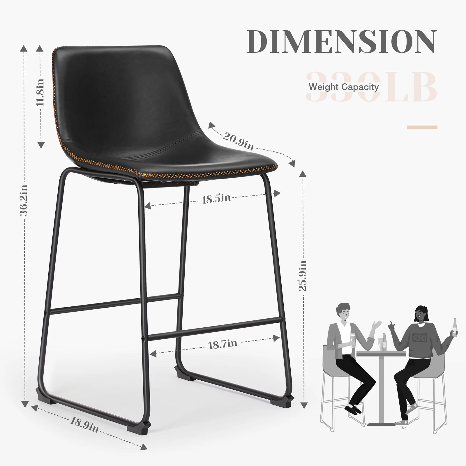 Counter Height PU Leather Bar Stools Set of 2 with Backrest