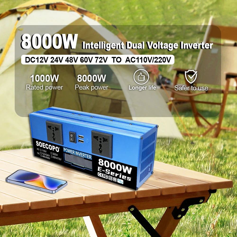 Industriel 10000W Inverter Dualspænding Inverter 12V24V48V60V72V til 110V/220V AC med LCD-skærm og dobbelt USB til udendørs eventyr