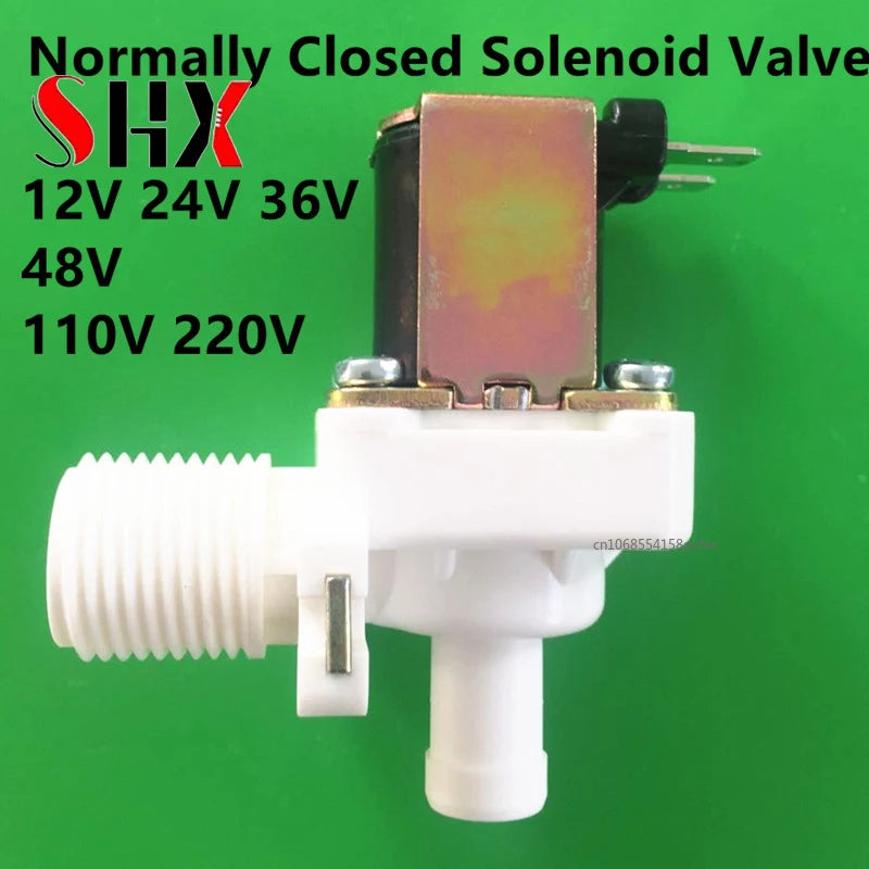 12 volți c.c. 12 V 24 V 36 V 48 V c.a. 110 V 220 V, electrovalvă verticală normal închisă, pentru admisia apei, intrare 1/2" cu filet exterior, ieșire pentru țeavă de 12 mm