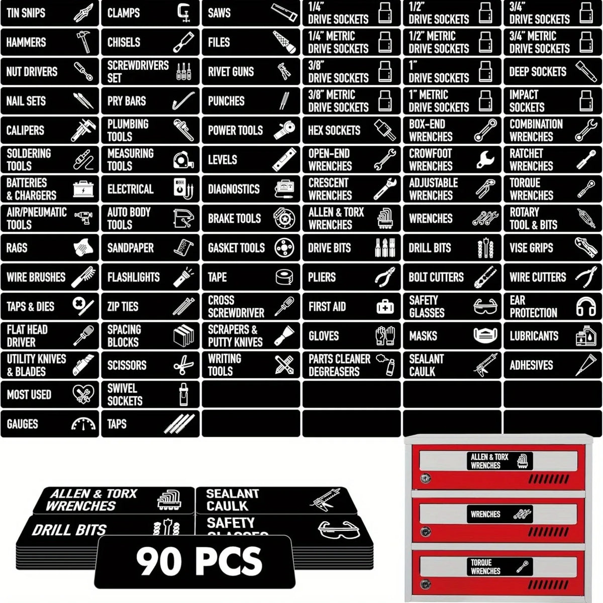 90 Toolbox Labels for Steel Drawers and Tool Chests