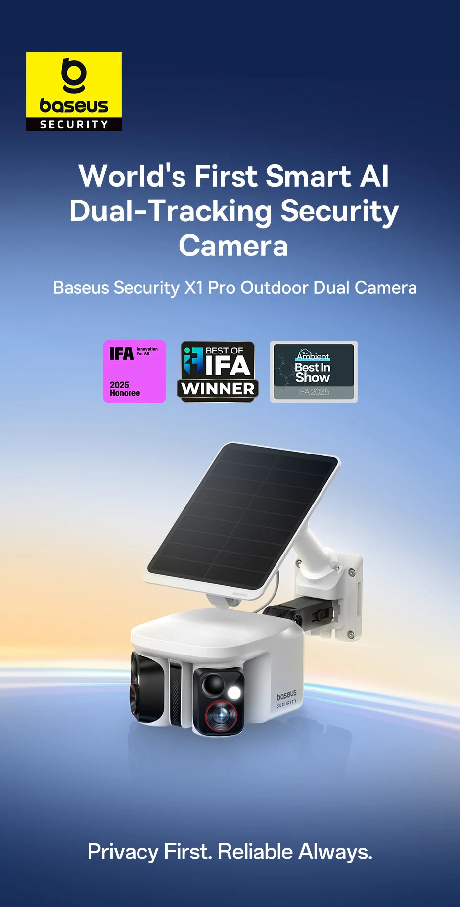 Cameră de securitate exterioară Dual Lens 3K cu alimentare solară și urmărire AI