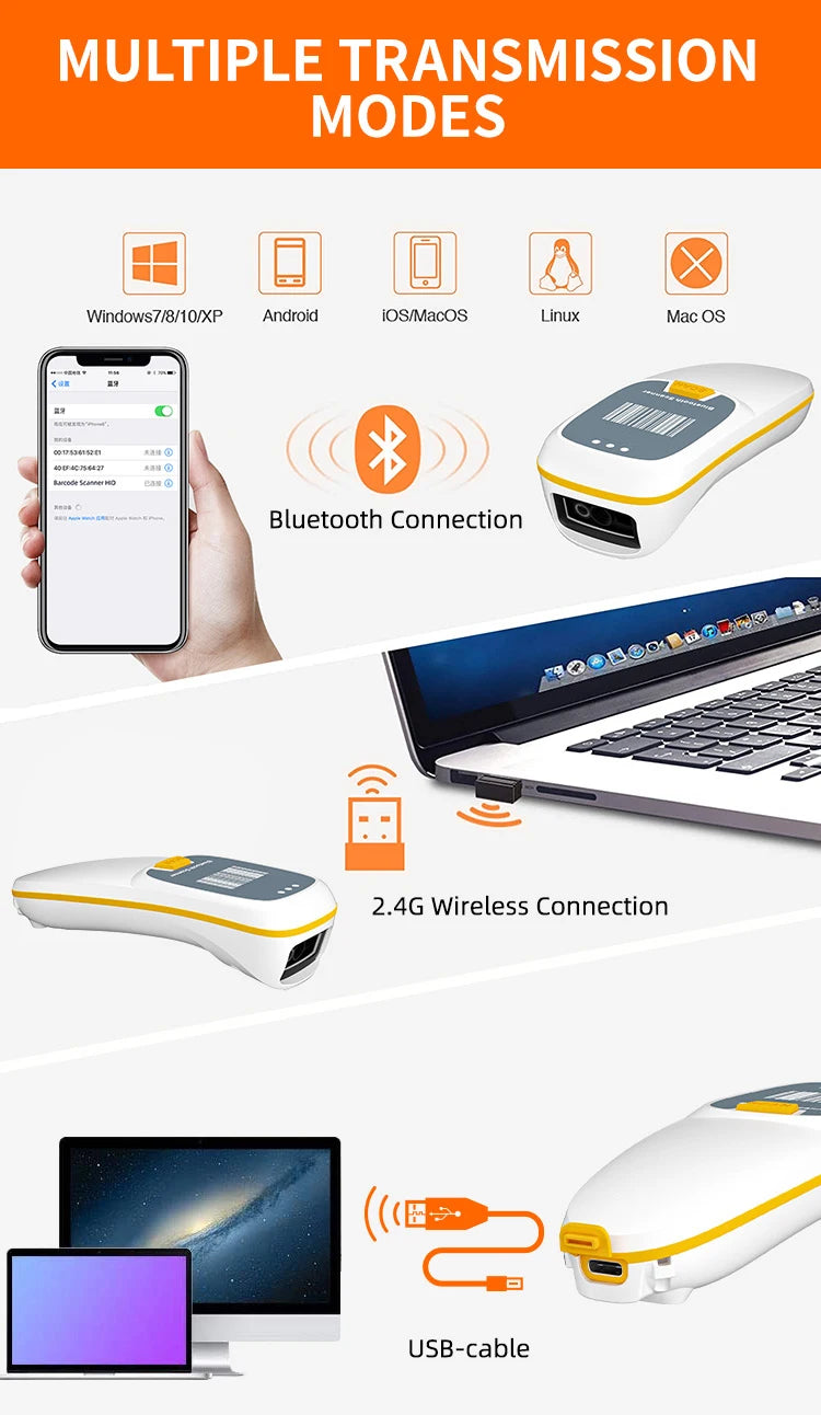 Scanner de codes-barres 2D Bluetooth de poche