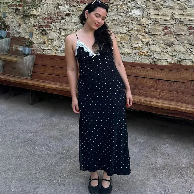 Tossy Lace V-Neck Patchwork Maxi Dress Women Backless High Waist Slim Spaghetti Contrast Party Dress Female Spring Long Dress