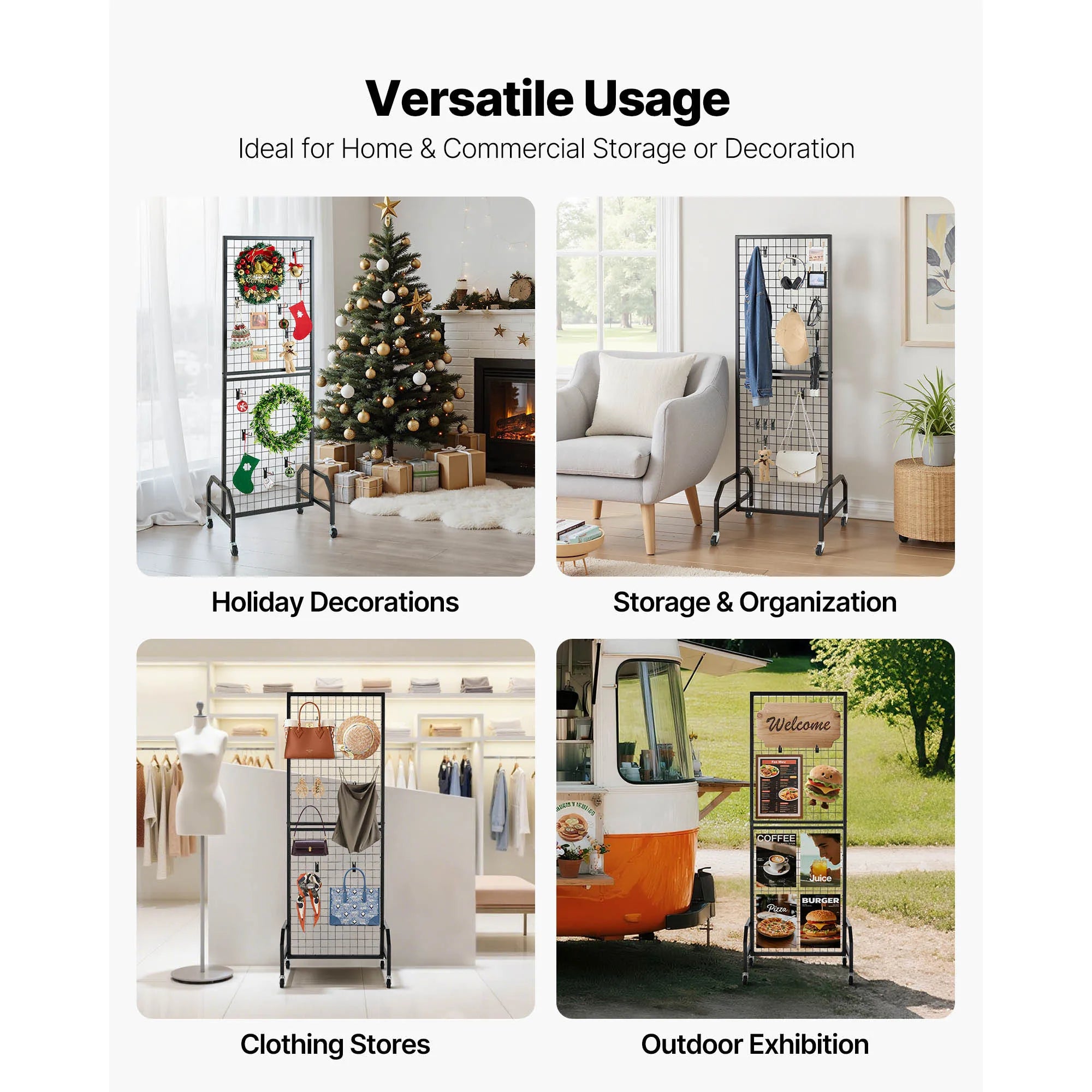 Rolling Grid Wall Display Panel with Hooks and Wheels