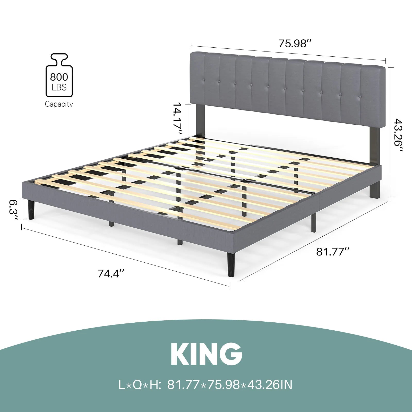 Wooden Upholstered Bed Frame with Adjustable Headboard, No Box Spring