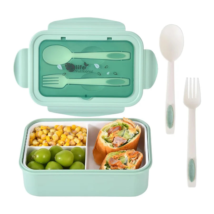 Three-Compartment Lunch Box with Spoon and Fork