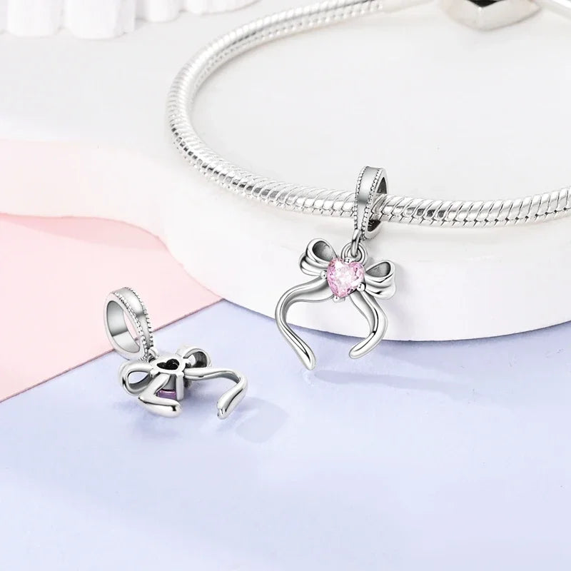 Fit Original 925 Sterling Silver Charms Beads Bow Perfume Bottle Pink Charms for Women Fine DIY Birthday Jewelry Gifts