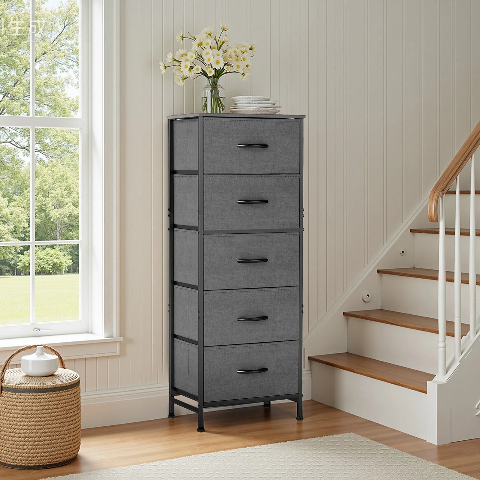 5 Drawer Fabric Dresser Cabinet Slim Storage Tower with Wood Top
