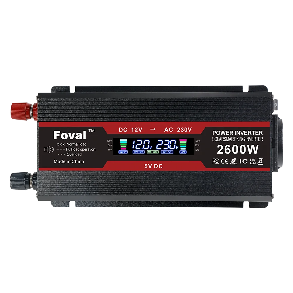 Мощен инвертор 1500W/2000W/2600W/3000W с LCD дисплей DC 12V към AC 220V, соларен, с 2 USB порта, автомобилен трансформатор, конвертор, EU щепсел, модифицирана синусоида 50Hz