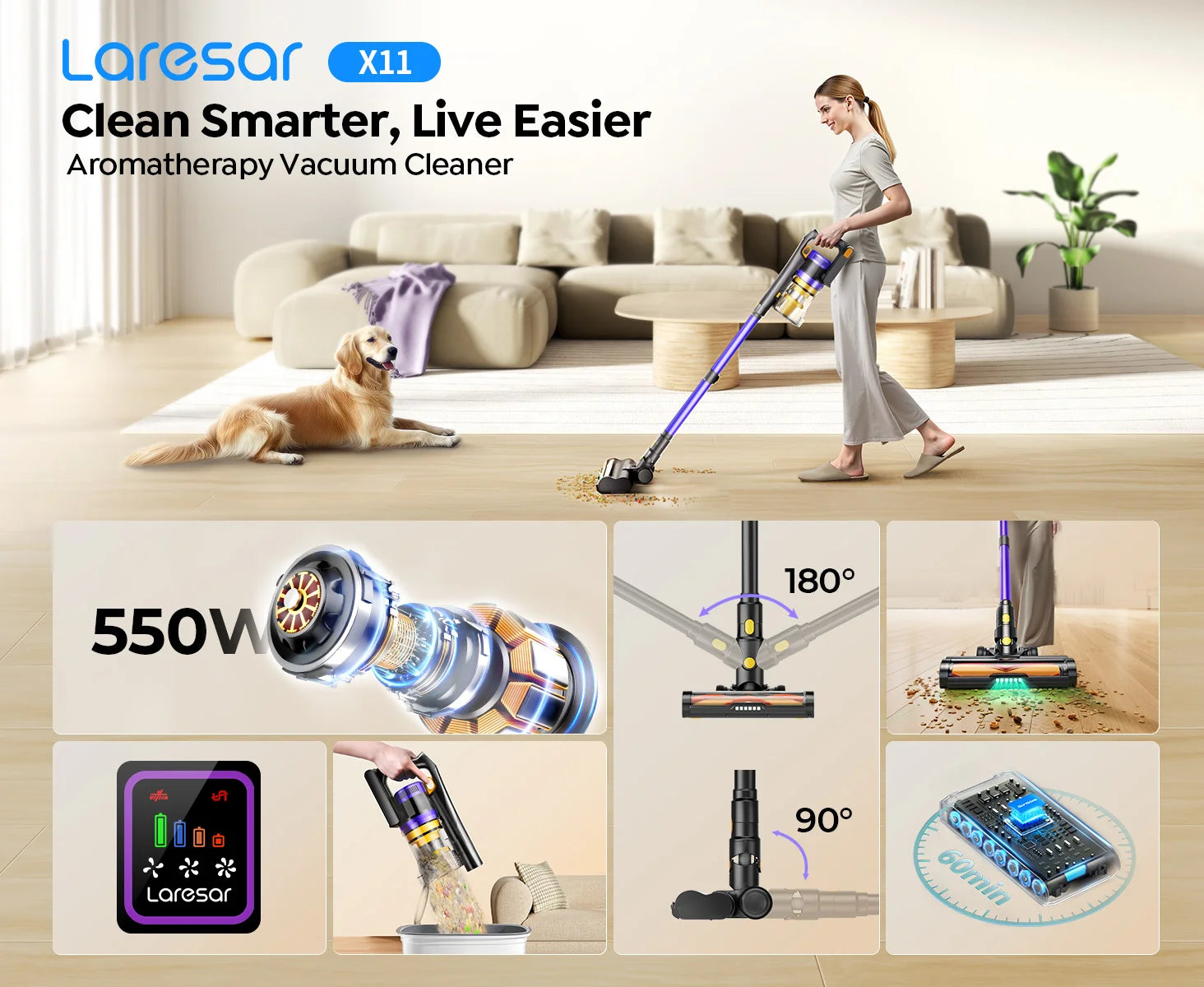 Laresar X11 550W 55000PA Suction Power Cordless Vacuum Cleaner Handheld Smart Home Dust Cup 60 Mins Runtime 3 Pcs Filte Set
