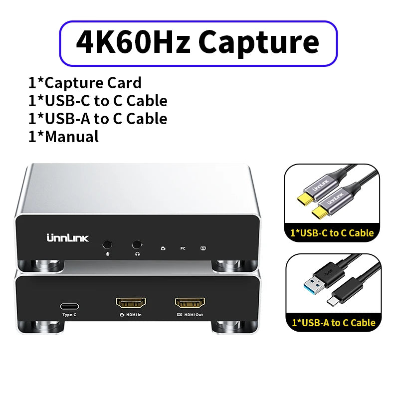 Unnlink 4K 60Hz 2K 144Hz Video Capture Card HDMI USB Recording Box Streaming Gaming / HDR Passthrough for PS5/4 Xbox Camera PC