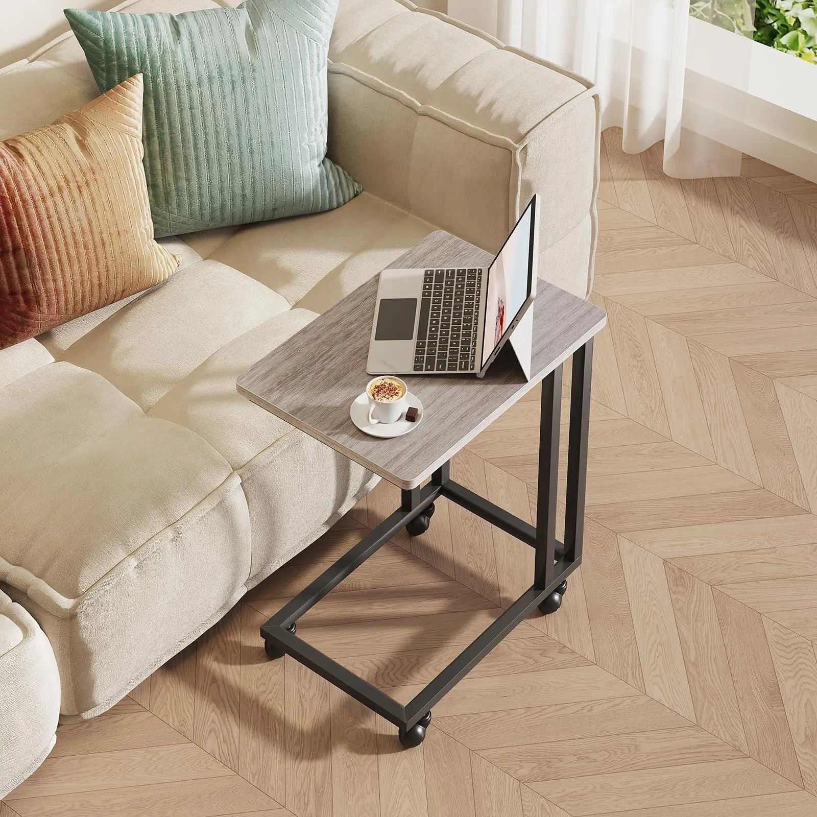 Rolling Overbed Sofa Table with Wheels Metal Frame C-Shape Desk