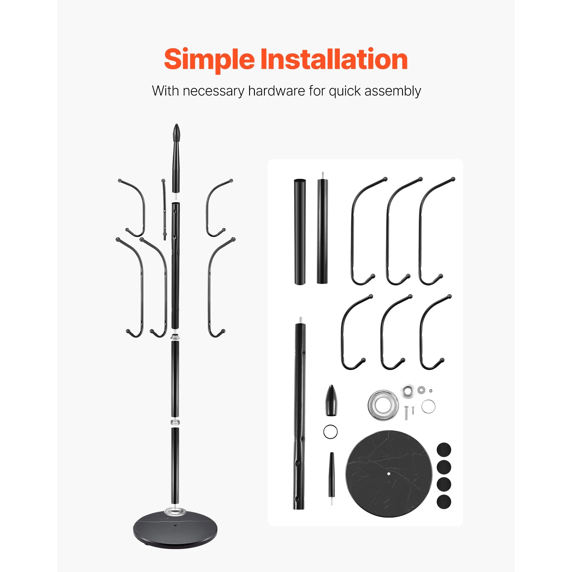 Freestanding Coat Rack with Marble Base & 6 Hooks Stand