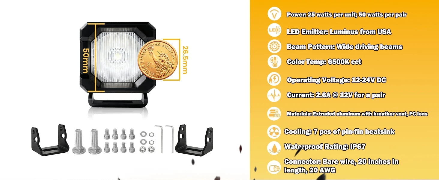 2 Inch LED Pod Lights, 1Pc/2Pcs 50W LED Cubes OffRoad Driving Lights Roof Rack Scene Light White Waterproof Plug and Play 12V DC
