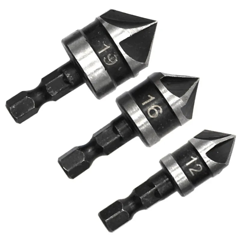 3PC Hexagonal Shank 90 Degree Black Five Blade Chamferer 12/16/19mm Countersink Drill Woodworking Hole Opener Tool Set