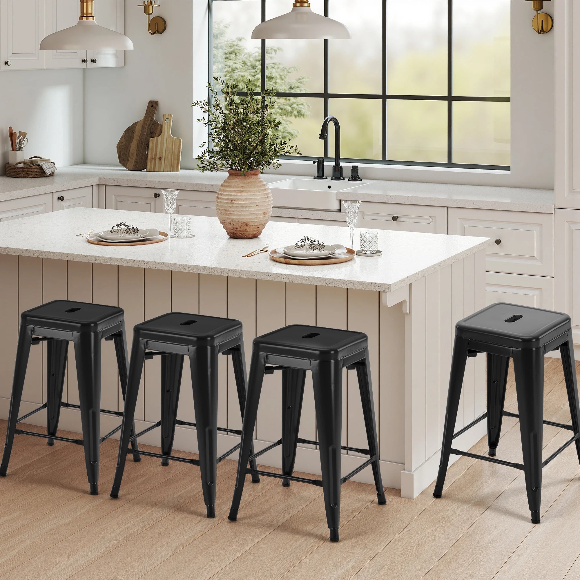24'' Metal Bar Stools Set of 4 Stackable Backless Counter Stools