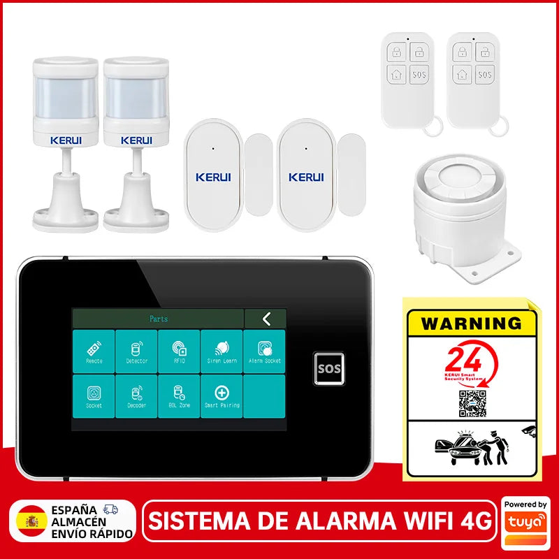 Desde España Entrega Kerui Sistema de Alarma 4G WiFi para Hogar Pantalla Táctil de 4.3 pulgadas Funciona con Tuya 433MHz Alarma de Burglar Seguridad