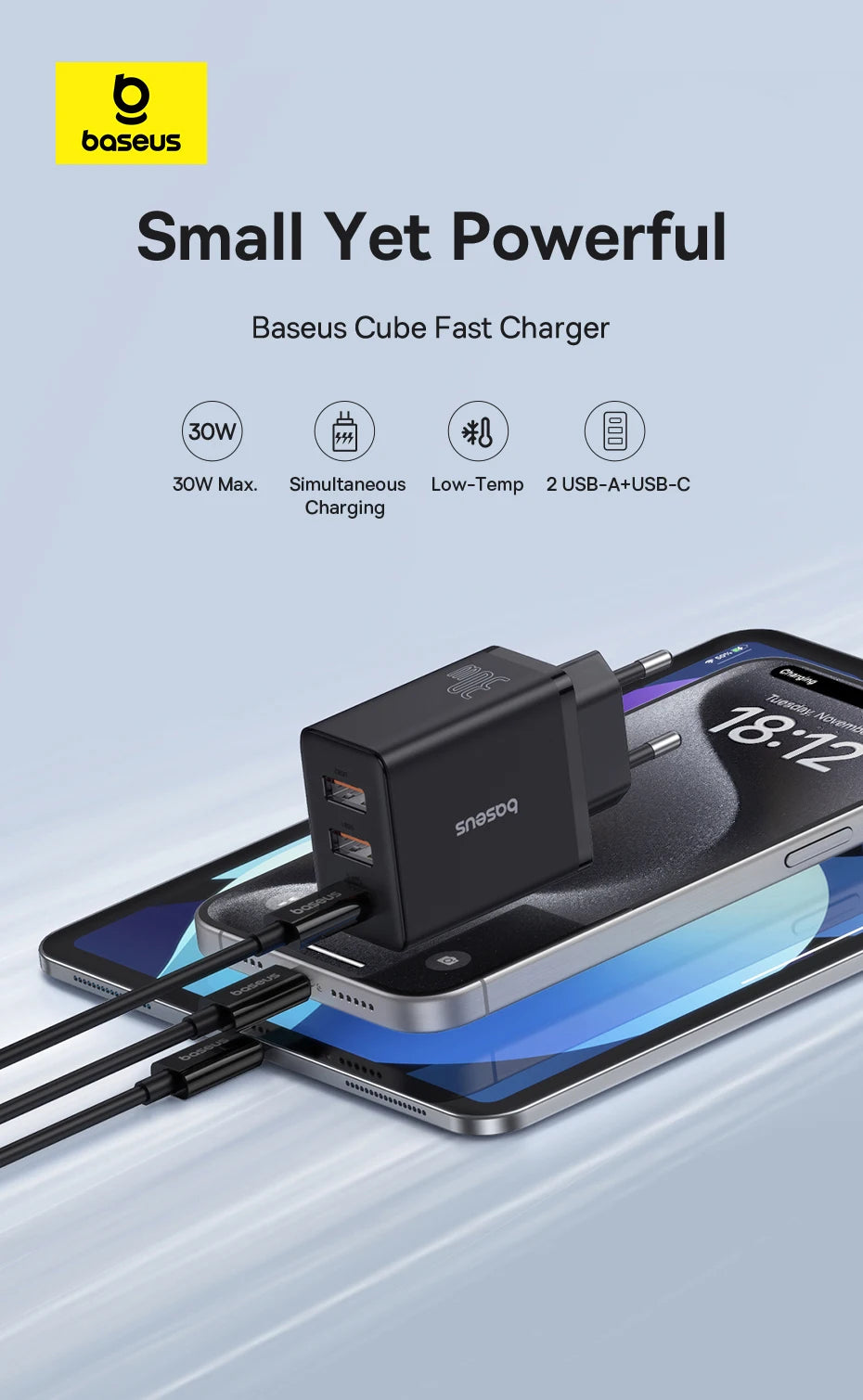 Baseus 30W Gyors Töltő 3-Portos USB-C PD és QC3.0 Fali Adapter
