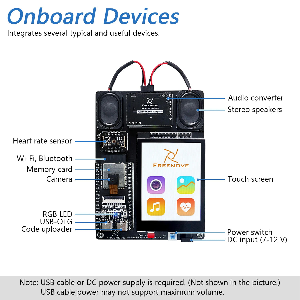 Kit de desarrollo Freenove para ESP32-S3 CAM inalámbrico, doble núcleo 32 bits 240 MHz, pantalla táctil, altavoces estéreo, sensor de ritmo cardíaco