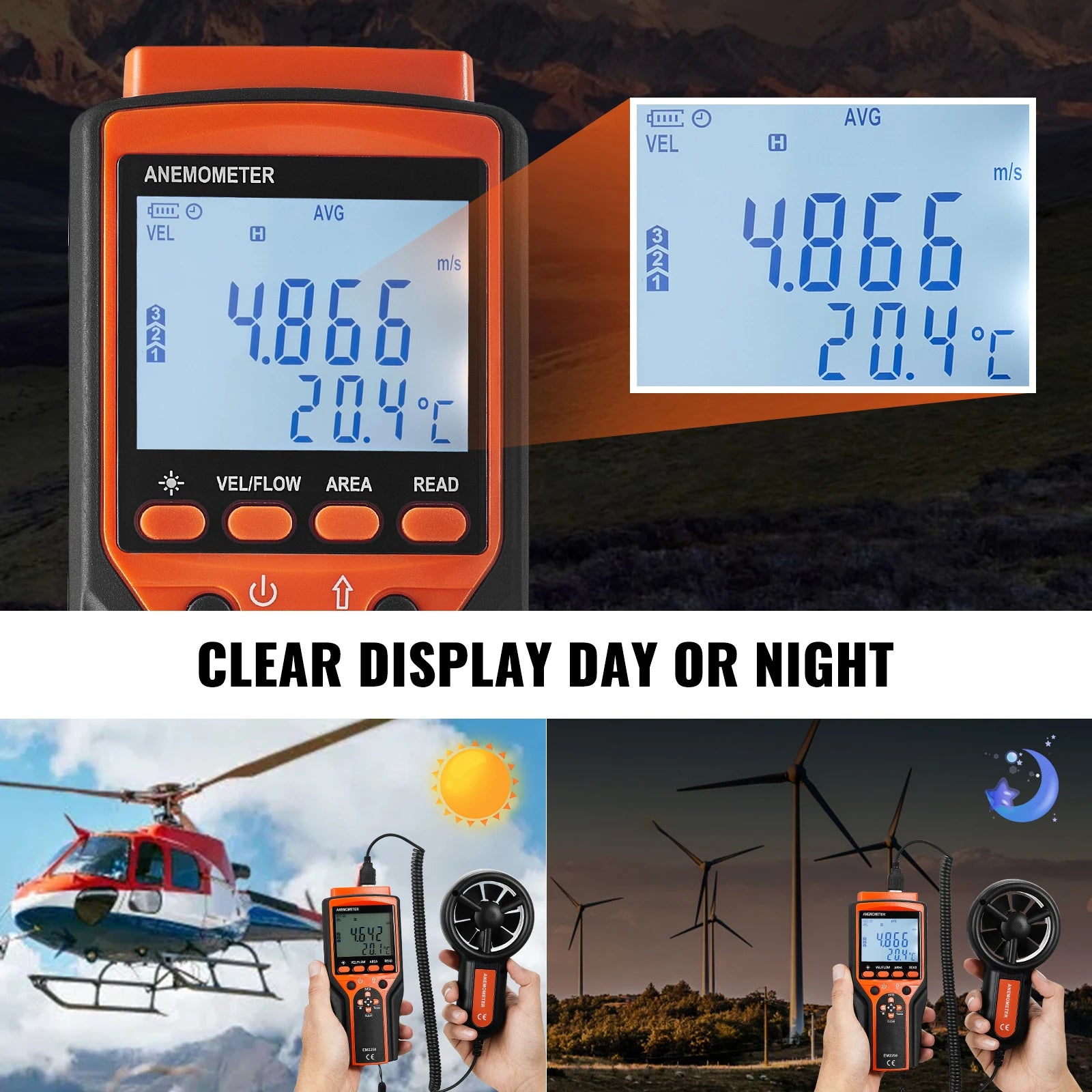 Handheld Digital Anemometer with LED Display Wind Speed CFM Meter