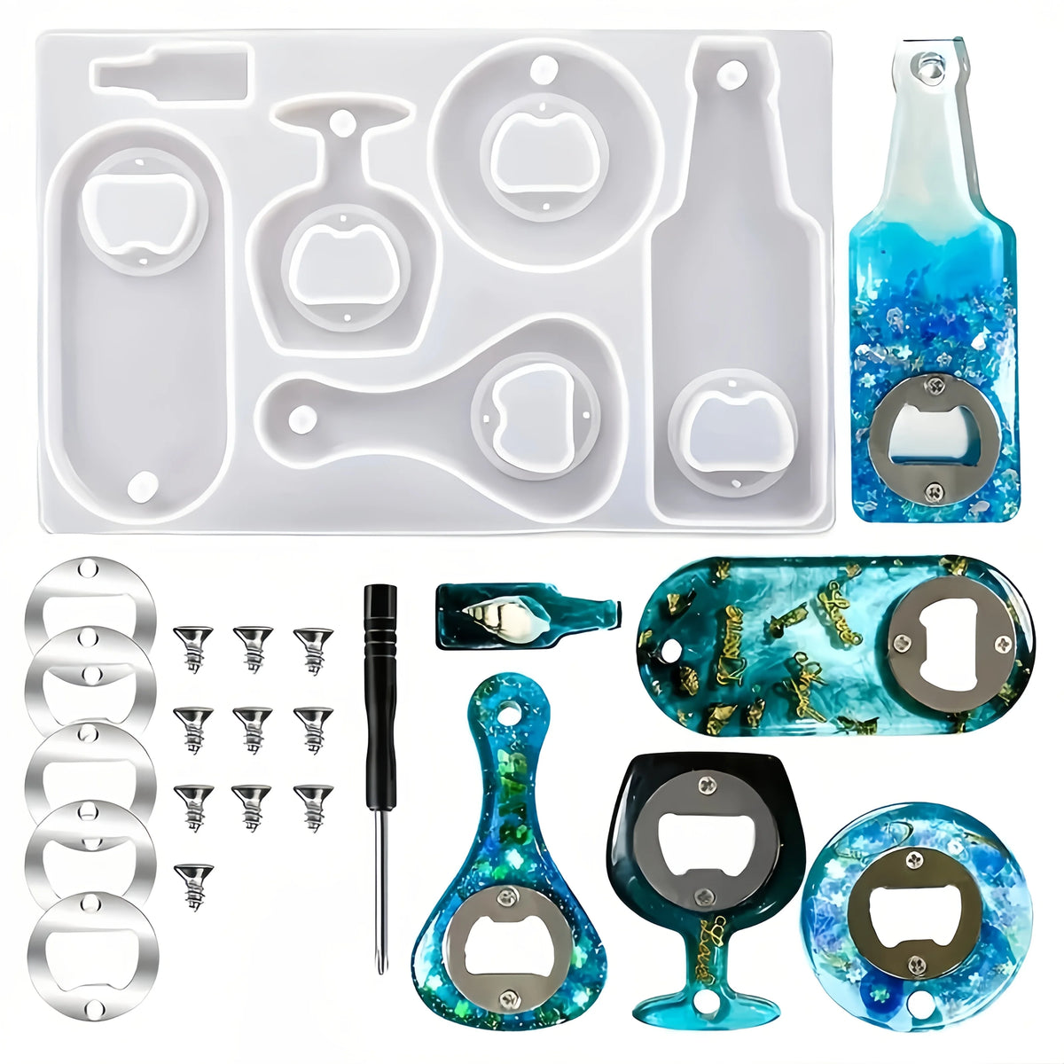 Set met harsmal voor flesopeners, siliconen bierflesopenermal voor epoxyhars, harsmal voor het gieten van wijnflesopeners en sieraden, voor doe-het-zelfhandwerk, set bevat mal en gereedschap