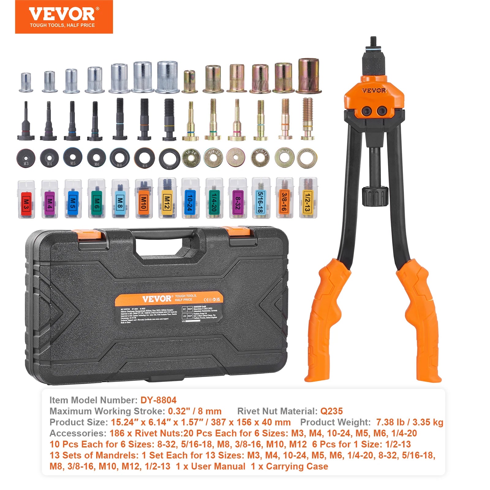SucceBuy outil rivet nut 14" 16" Rivet Nut Tool kit avec mandrins métriques et SAE 70 pièces/186 pièces Rivet Nuts avec boîtier de transport robuste