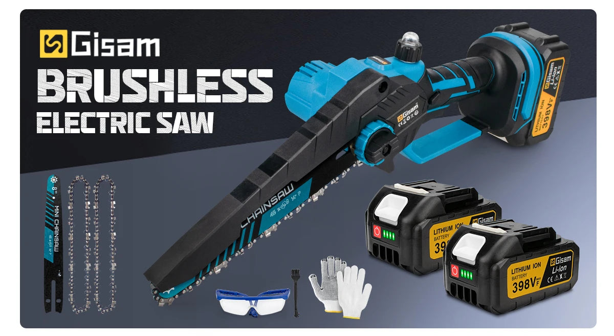 Gisam 8 Inch Brushless Electric Chainsaw Cordless Electric Saw Woodworking Garden Pruning Saw Tool For Makita 18V Battery Pins
