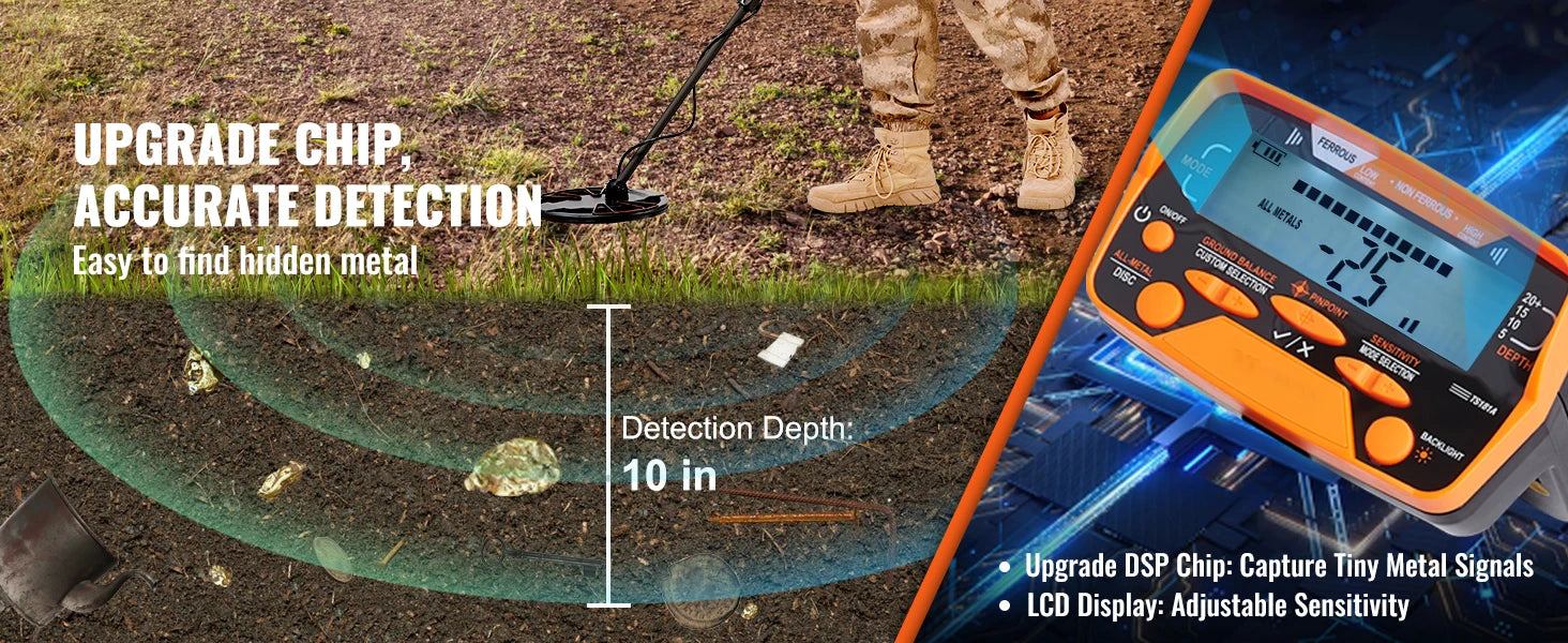 SucceBuy Metal Detector for Adults & Kids 10Inch Waterproof Search Coil + LCD Display 7 Modes Adjustable 41''-52'' Aluminum Stem
