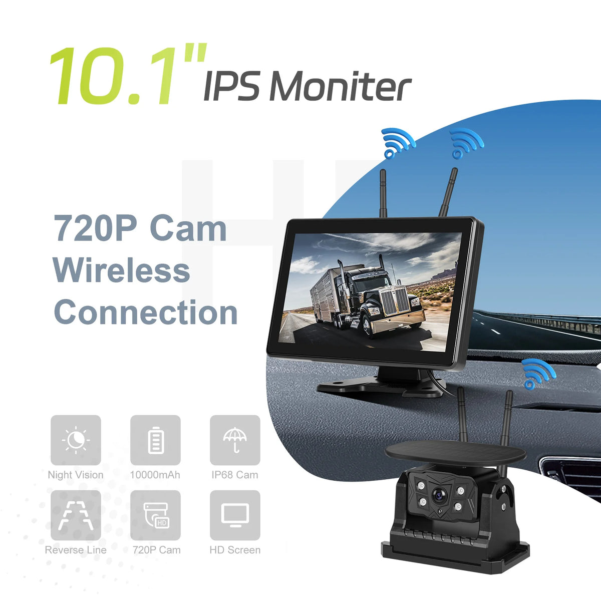 Podofo pantalla HD IPS de 10.1 pulgadas Monitor de reversa para coche + cámara reversa inalámbrica solar con grabación 720P