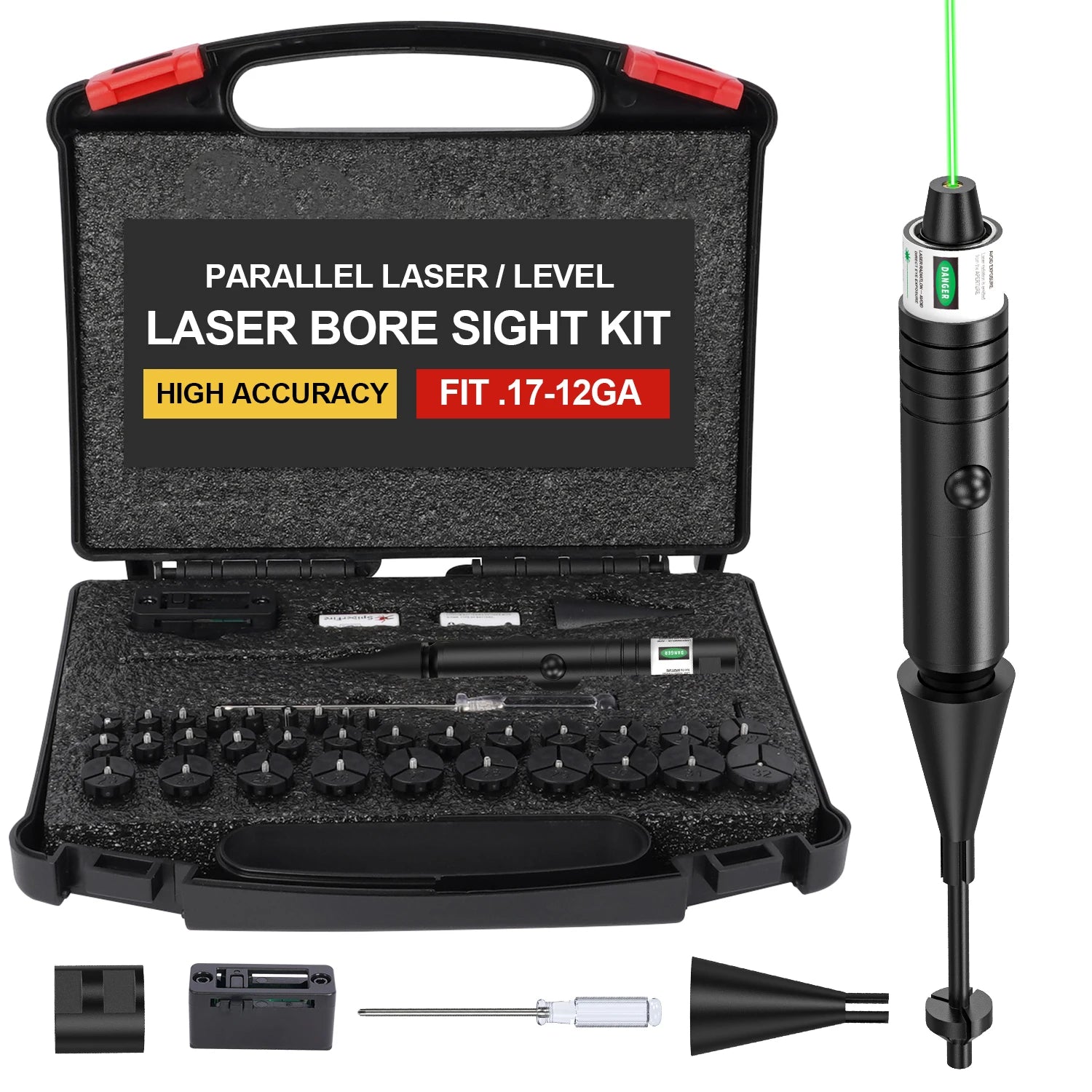 Universal Laser Boresighter Kit with Green Laser, 32 Adapters, Anti-Cant Level & Parallel Calibration