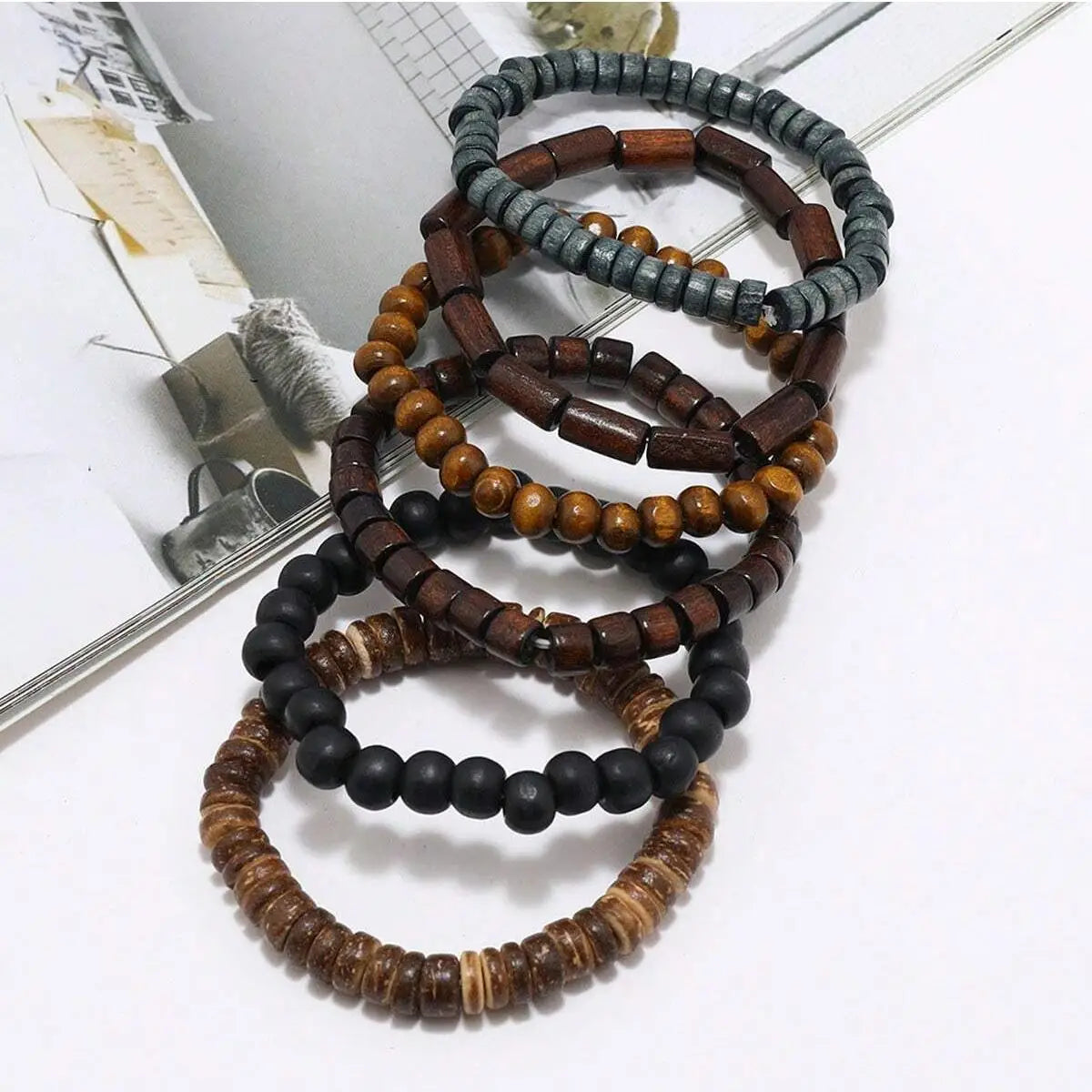 6PCS Wodeen Braided Wrap Leather Bracelet for Men Vintage Life Wood Beads Fashion Male Armband