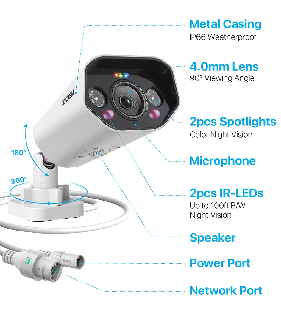 ZOSI 8MP PoE Outdoor Security Camera with Two-Way Audio