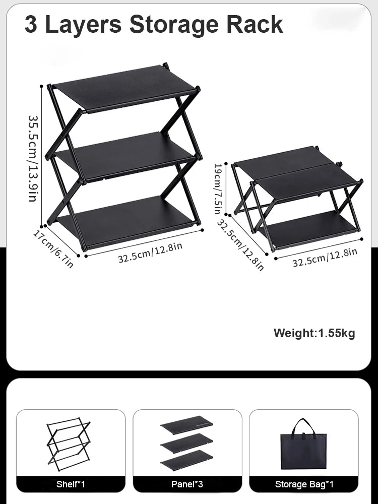 Camping Foldable Three-Tier Storage Shelf Rack for Outdoor Use