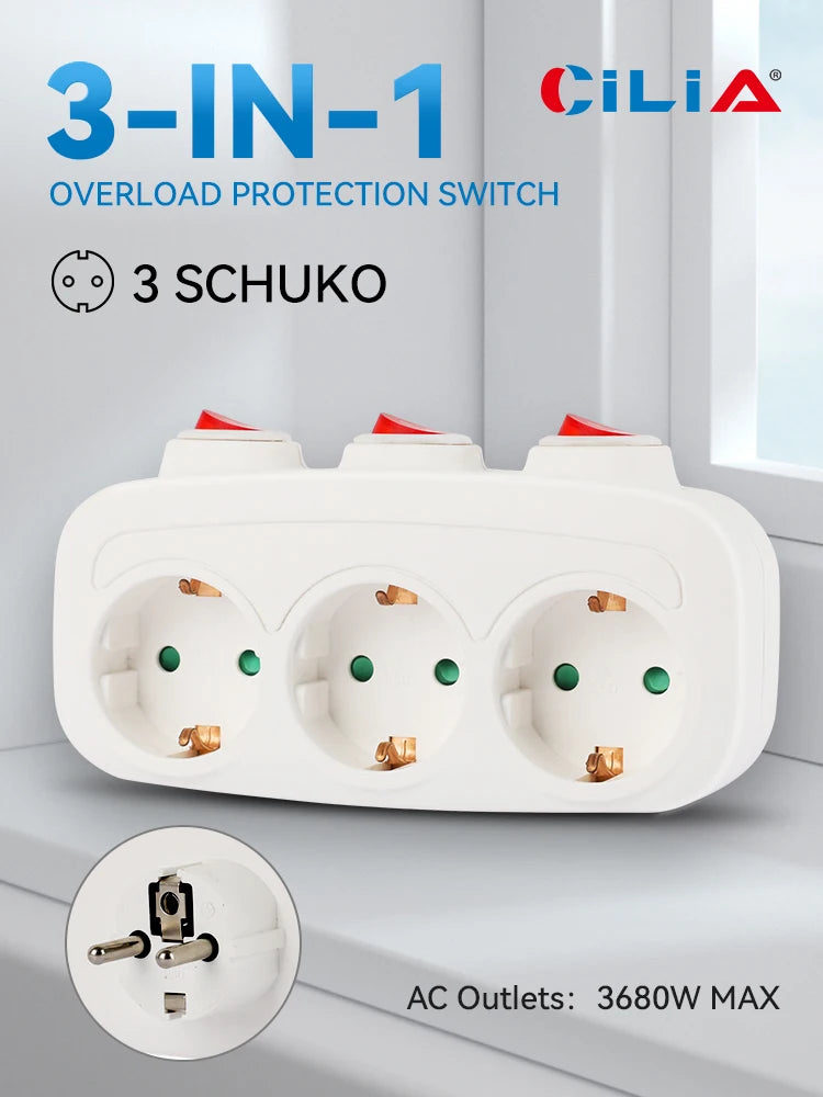 EU Three-Socket Wall Adapter with Switches