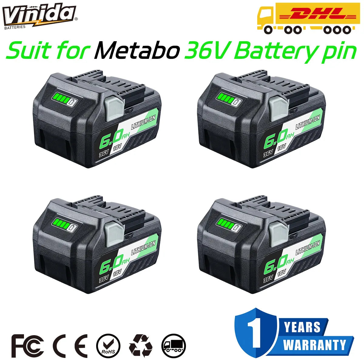 VINIDA 1/2/4 комплекта BSL36B18 6.0Ah 18V/36V литиева батерия за замяна на Metabo 371751M 372121M BSL36A18 батерия за безжични инструменти с щифт