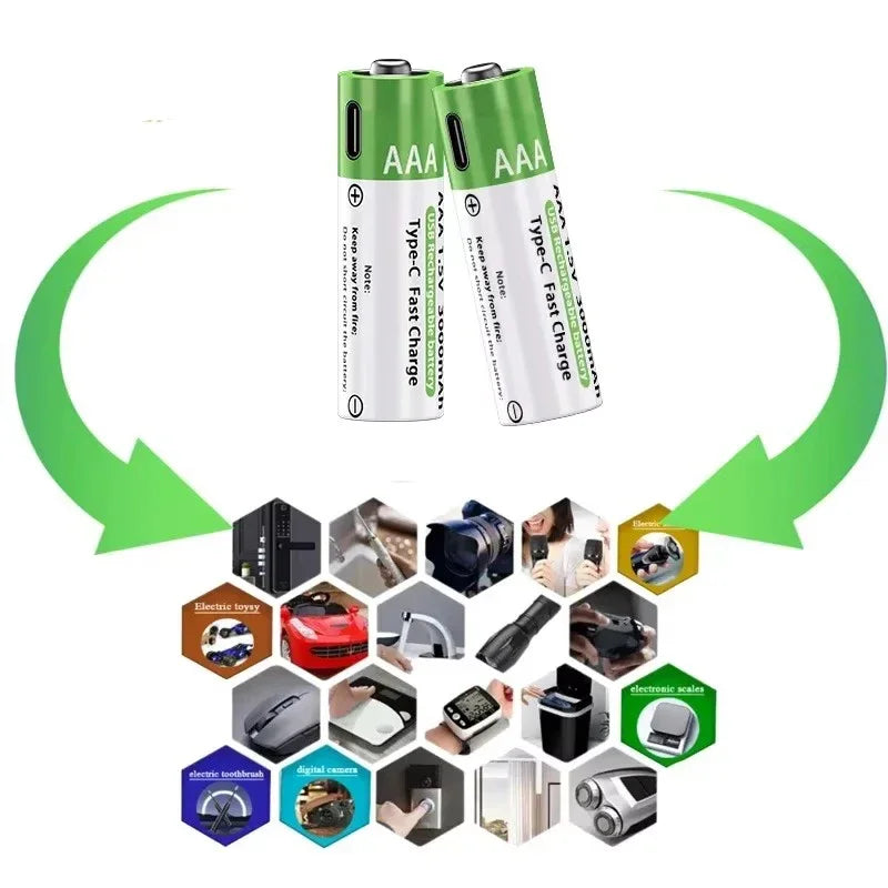 Uppladdningsbara litiumbatterier AA & AAA med Type-C snabbladdningsset