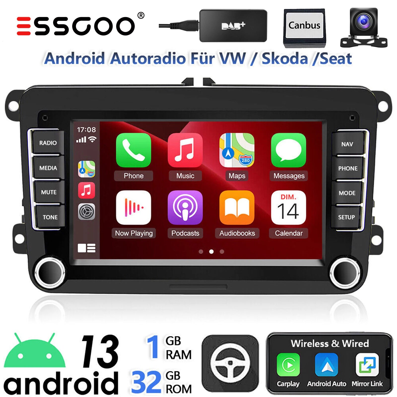 7" Android 14 Car Stereo for VW with CarPlay, GPS & Voice AI