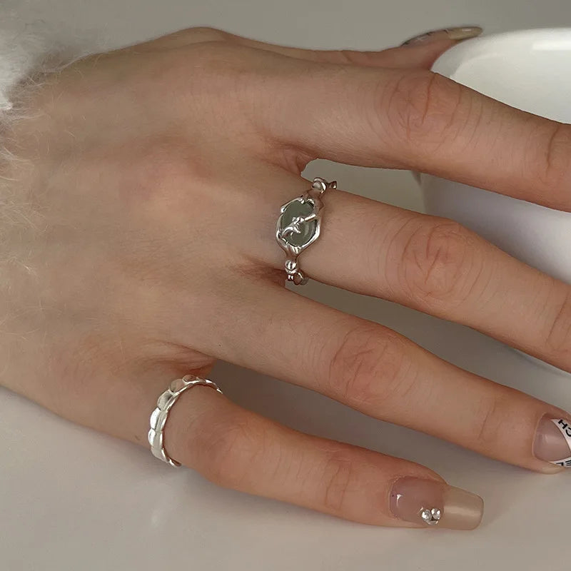 925 Sterling Silver plated Liquid Lava Hetian Jade Bamboo Ring for Women Girl Gift Irregular Vintage Jewelry Dropshipping