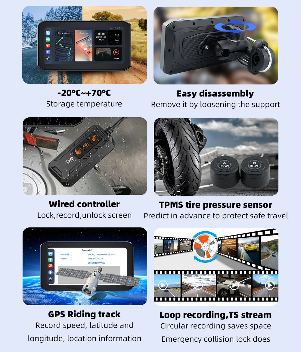 EKIY 6.25" Portable Digital Motorcycle Dashboard GPS Navigation Display Screen TPMS Monitor Wireless CarPlay Moto Android Auto