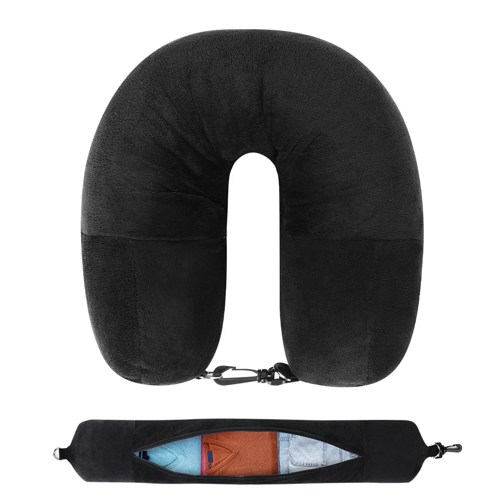 Travel Neck Pillow with Fillable Clothing U-Shaped Pillowcase, Extra Storage Bag, Velvet Neck Pillow Cover for Airplane Travel
