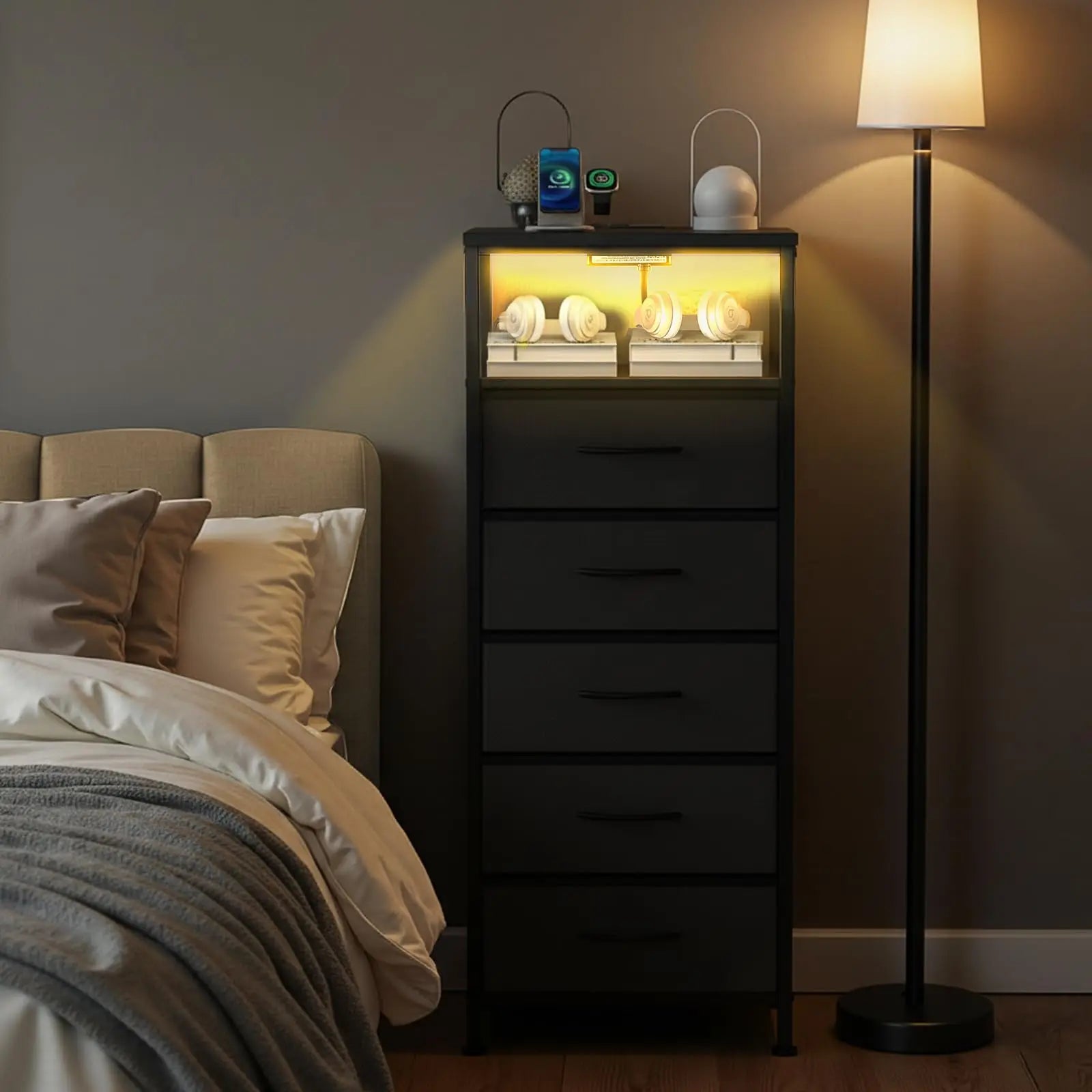 5-Drawer Nightstand with Charging Station, LED Lights & Storage