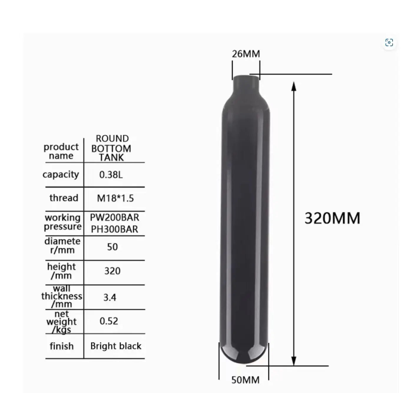 0.38L Aluminum Diving Tank Bottle 20MPa M18 Thread 4500 PSI