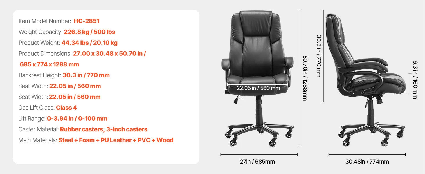 Ergonomisk kontorstol med vippefunktion, fodstøtte og 300 lb bæreevne