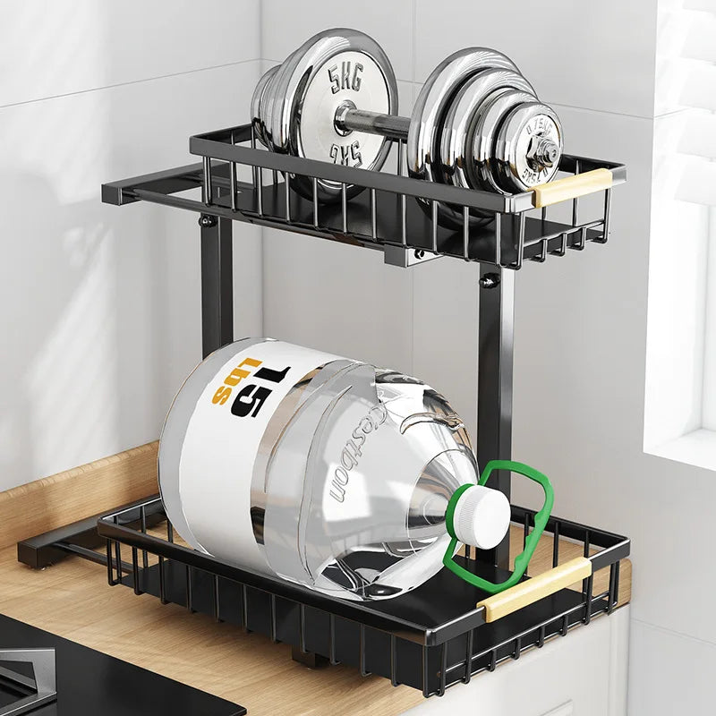 2‑Level Metal Storage Rack Under the Sink with Sliding Drawer