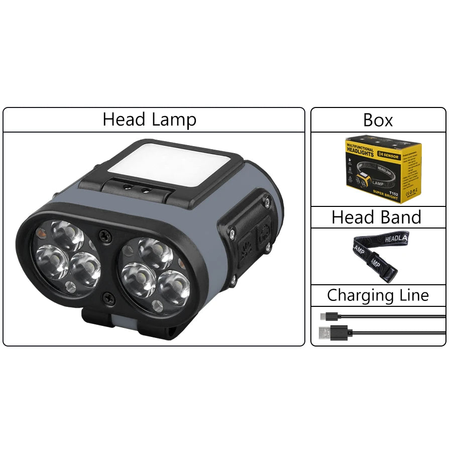 LED Headlamp Smart Sensor Cap Clip Light TPYE-C Rechargeable Flashlight With Power Display Riding Fishing Camping Outdoor Torch