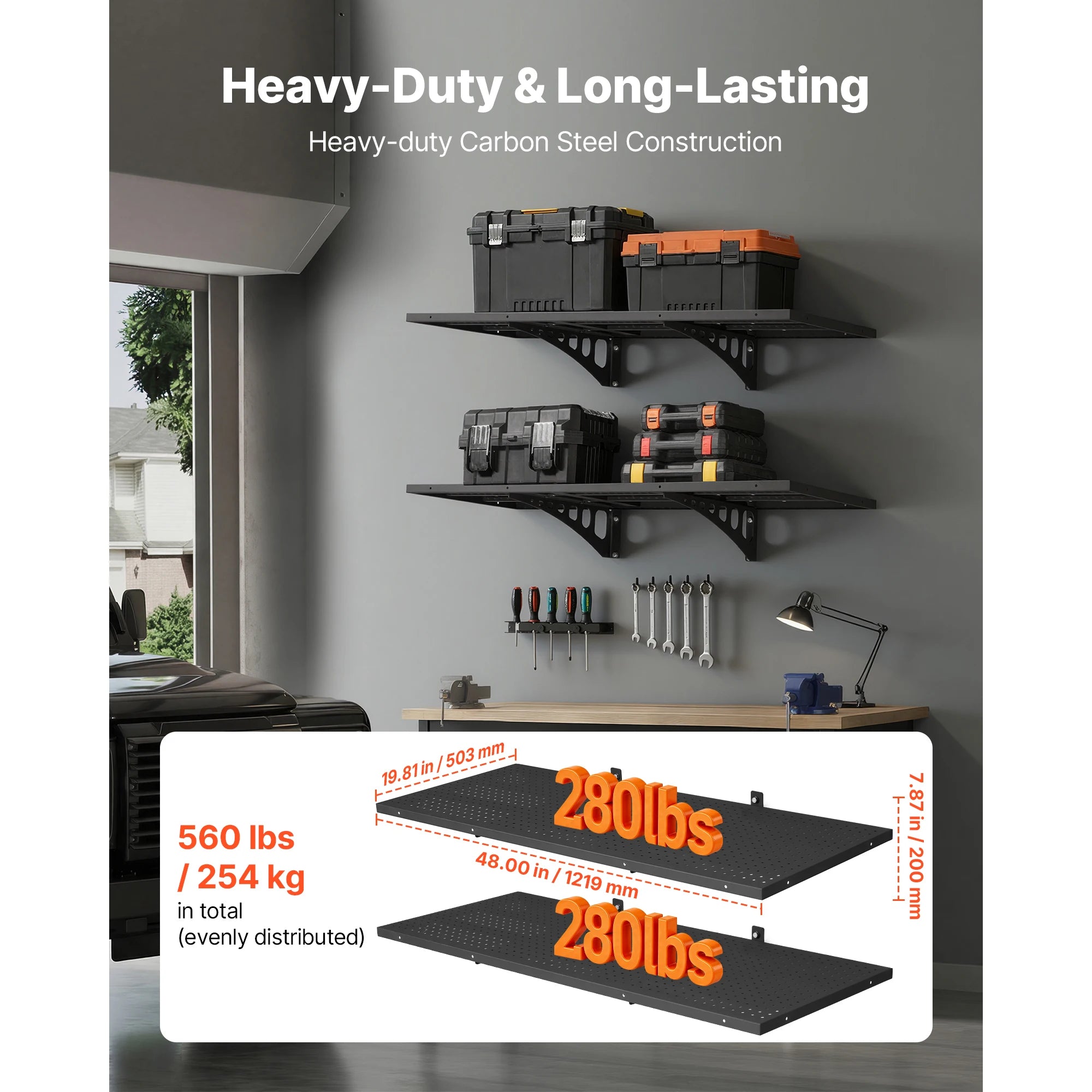 Heavy-Duty Wall Garage Shelving 2-Tier Steel Rack 280lbs Per Shelf